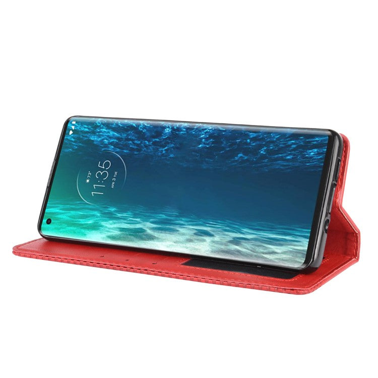 Vintage Style Leather Wallet Stand Case for Motorola Edge - Red
