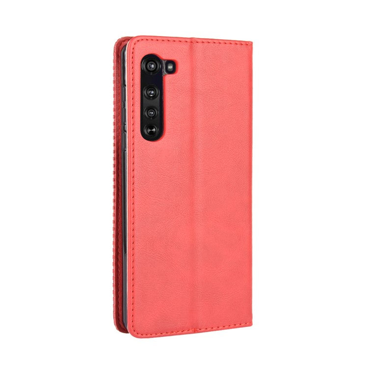 Vintage Style Leather Wallet Stand Case for Motorola Edge - Red