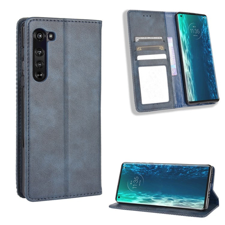 Vintage Style Leather Wallet Stand Case for Motorola Edge - Blue