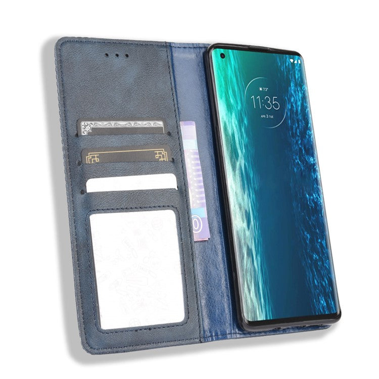 Vintage Style Leather Wallet Stand Case for Motorola Edge - Blue
