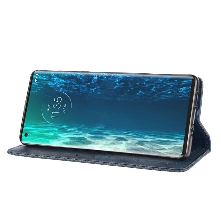 Vintage Style Leather Wallet Stand Case for Motorola Edge - Blue