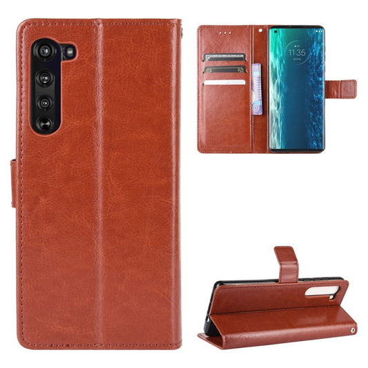 Crazy Horse PU Leather Wallet Stand Case for Motorola Edge - Brown
