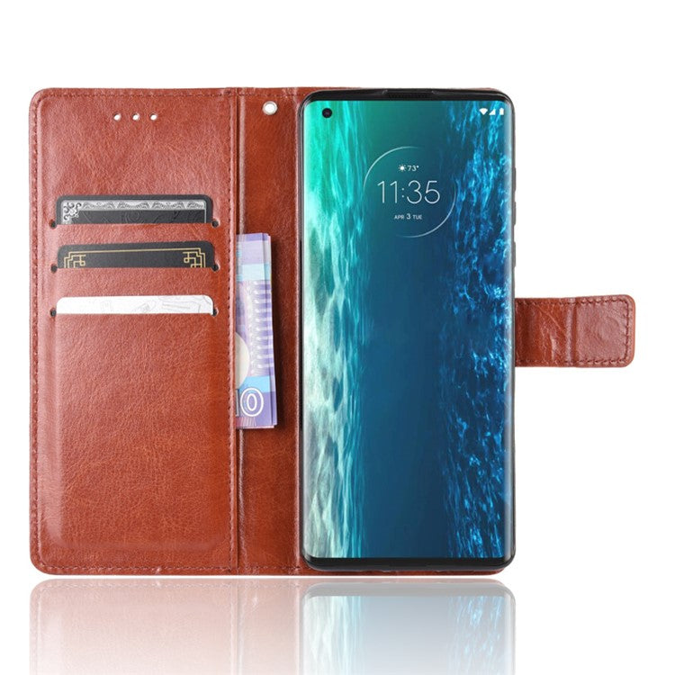 Crazy Horse PU Leather Wallet Stand Case for Motorola Edge - Brown