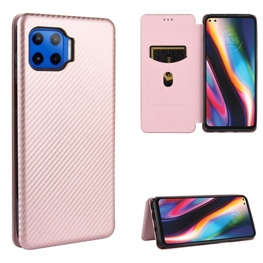 Auto-absorbed Carbon Fiber Texture Stand Leather Case for Motorola Moto G 5G Plus - Pink