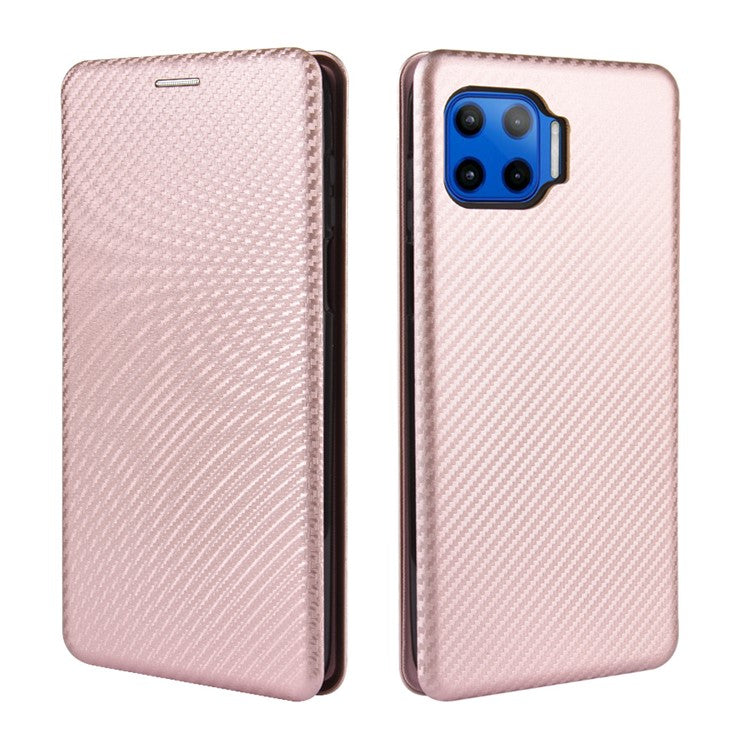 Auto-absorbed Carbon Fiber Texture Stand Leather Case for Motorola Moto G 5G Plus - Pink
