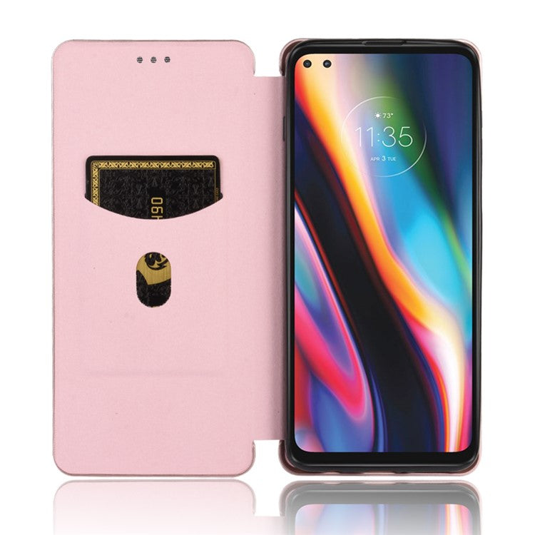 Auto-absorbed Carbon Fiber Texture Stand Leather Case for Motorola Moto G 5G Plus - Pink