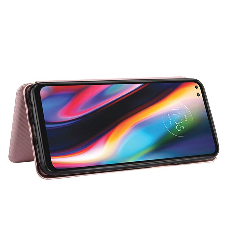 Auto-absorbed Carbon Fiber Texture Stand Leather Case for Motorola Moto G 5G Plus - Pink