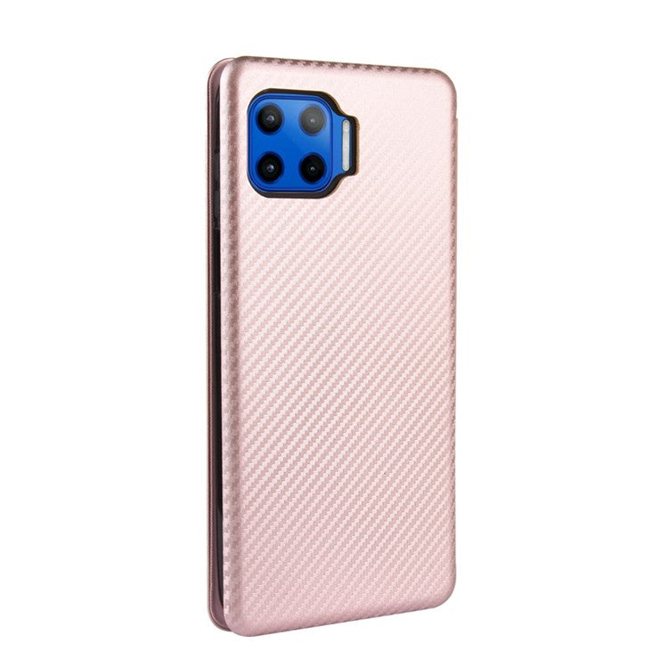 Auto-absorbed Carbon Fiber Texture Stand Leather Case for Motorola Moto G 5G Plus - Pink