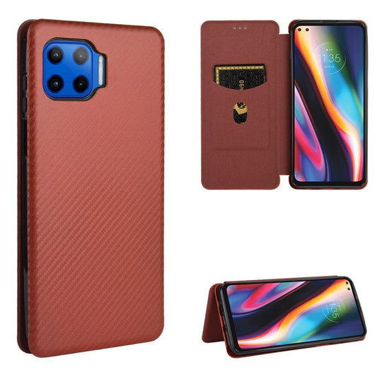 Auto-absorbed Carbon Fiber Texture Stand Leather Case for Motorola Moto G 5G Plus - Brown
