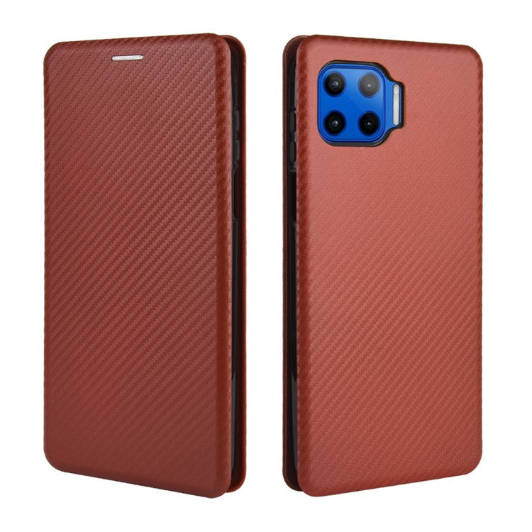 Auto-absorbed Carbon Fiber Texture Stand Leather Case for Motorola Moto G 5G Plus - Brown