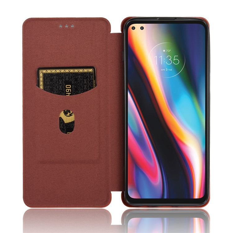 Auto-absorbed Carbon Fiber Texture Stand Leather Case for Motorola Moto G 5G Plus - Brown