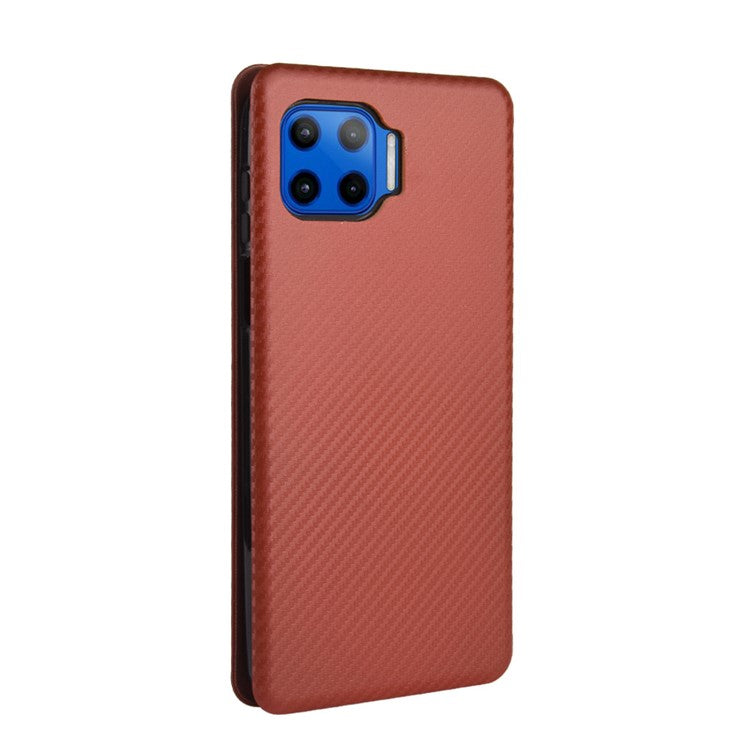 Auto-absorbed Carbon Fiber Texture Stand Leather Case for Motorola Moto G 5G Plus - Brown