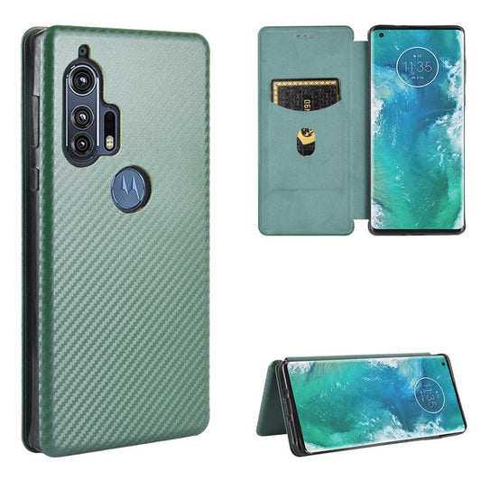 Auto-absorbed Carbon Fiber Texture Stand Leather Cover for Motorola Edge Plus - Green