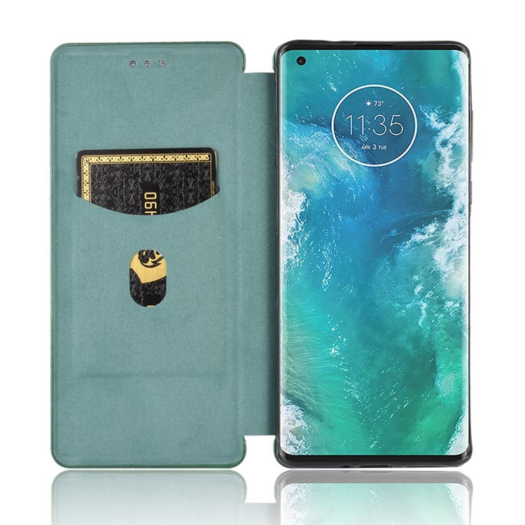 Auto-absorbed Carbon Fiber Texture Stand Leather Cover for Motorola Edge Plus - Green