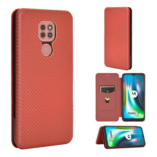 Carbon Fiber Skin Auto-absorbed Leather Cover for Motorola Moto G9 (India)/Moto G9 Play - Brown