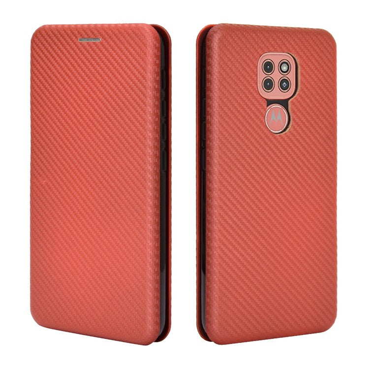 Carbon Fiber Skin Auto-absorbed Leather Cover for Motorola Moto G9 (India)/Moto G9 Play - Brown