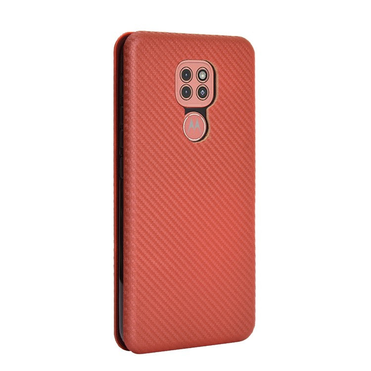 Carbon Fiber Skin Auto-absorbed Leather Cover for Motorola Moto G9 (India)/Moto G9 Play - Brown