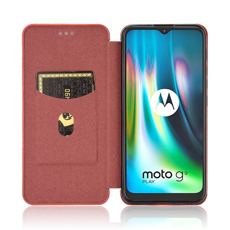 Carbon Fiber Skin Auto-absorbed Leather Cover for Motorola Moto G9 (India)/Moto G9 Play - Brown
