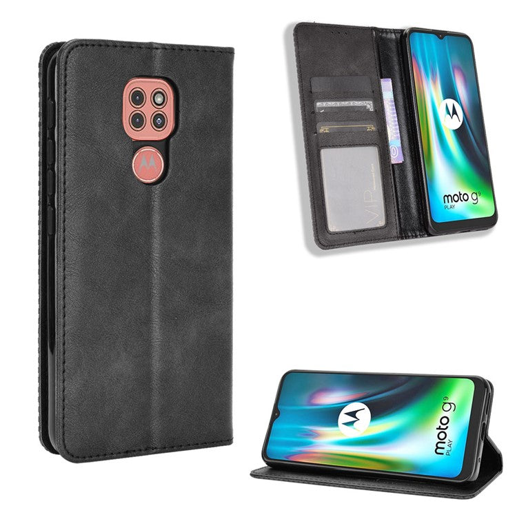 Auto-absorbed Retro PU Leather Shell Wallet Phone Cover for Motorola Moto E7 Plus - Black
