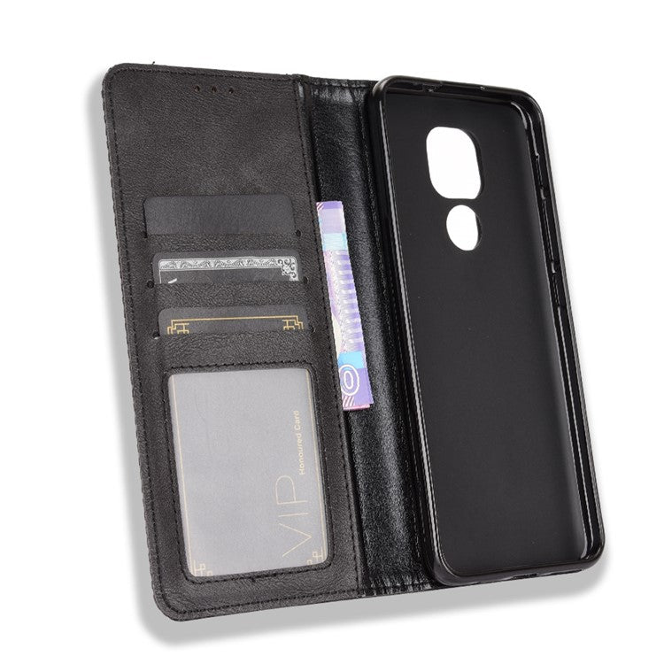 Auto-absorbed Retro PU Leather Shell Wallet Phone Cover for Motorola Moto E7 Plus - Black