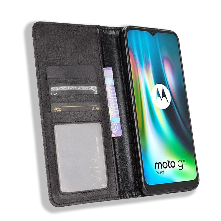 Auto-absorbed Retro PU Leather Shell Wallet Phone Cover for Motorola Moto E7 Plus - Black