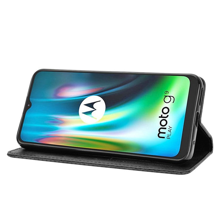Auto-absorbed Retro PU Leather Shell Wallet Phone Cover for Motorola Moto E7 Plus - Black
