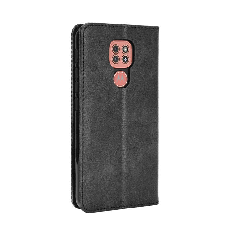 Auto-absorbed Retro PU Leather Shell Wallet Phone Cover for Motorola Moto E7 Plus - Black