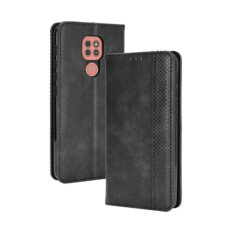 Auto-absorbed Retro PU Leather Shell Wallet Phone Cover for Motorola Moto E7 Plus - Black