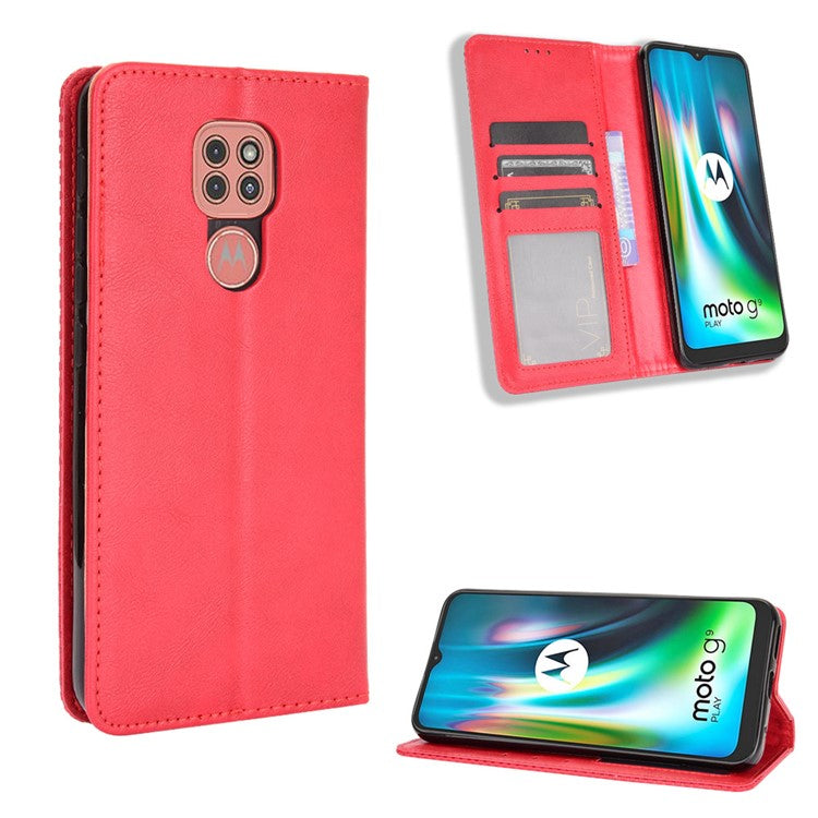 Auto-absorbed Retro PU Leather Shell Wallet Phone Cover for Motorola Moto E7 Plus - Red