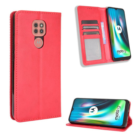 Auto-absorbed Retro PU Leather Shell Wallet Phone Cover for Motorola Moto E7 Plus - Red