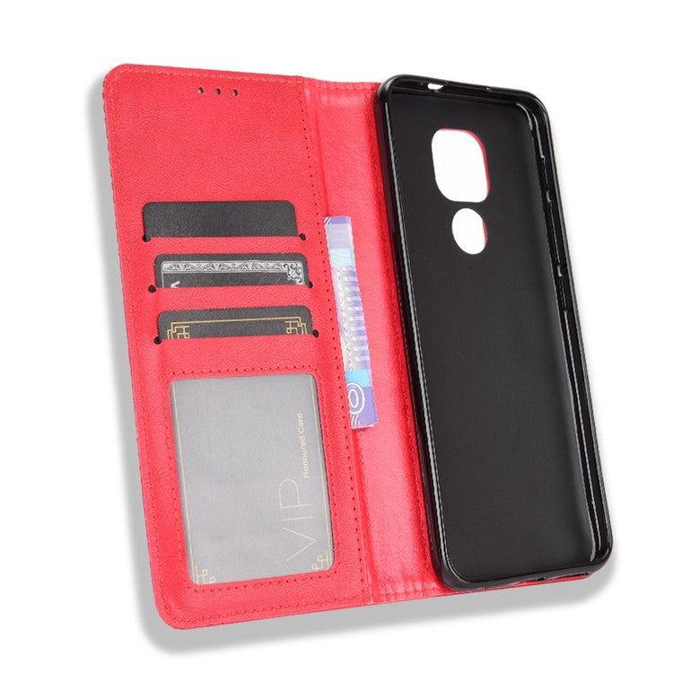 Auto-absorbed Retro PU Leather Shell Wallet Phone Cover for Motorola Moto E7 Plus - Red