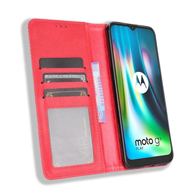 Auto-absorbed Retro PU Leather Shell Wallet Phone Cover for Motorola Moto E7 Plus - Red