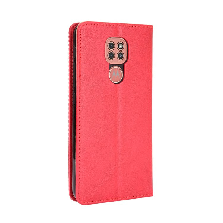 Auto-absorbed Retro PU Leather Shell Wallet Phone Cover for Motorola Moto E7 Plus - Red