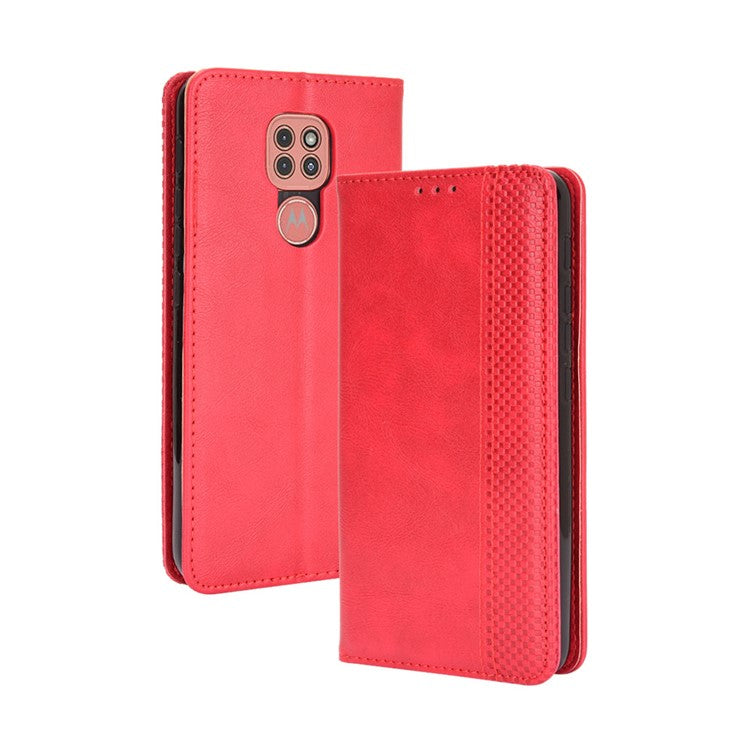 Auto-absorbed Retro PU Leather Shell Wallet Phone Cover for Motorola Moto E7 Plus - Red