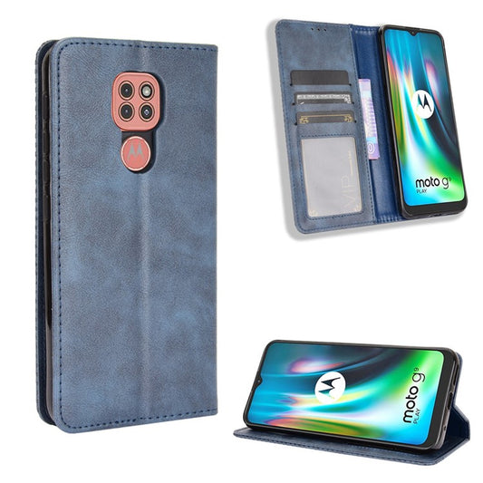 Auto-absorbed Retro PU Leather Shell Wallet Phone Cover for Motorola Moto E7 Plus - Blue