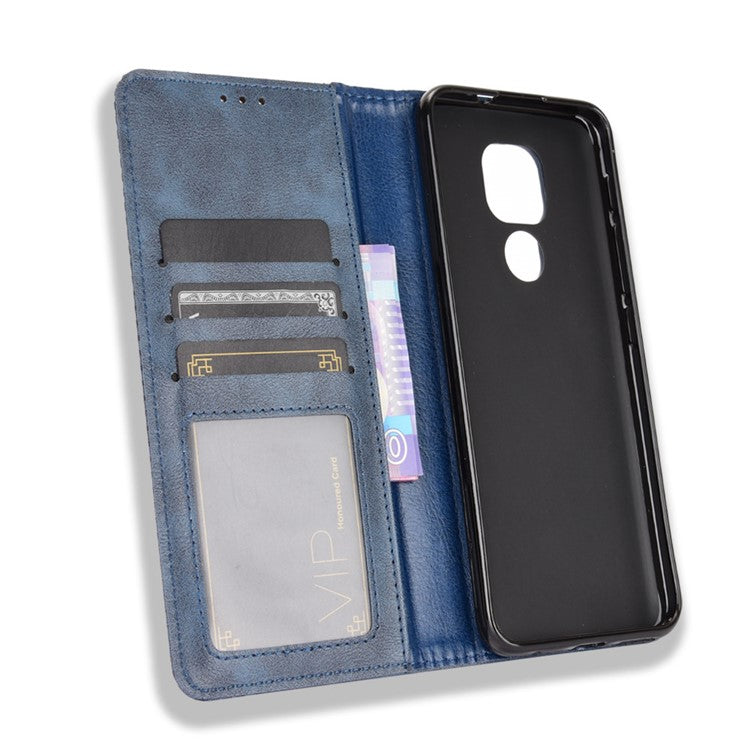Auto-absorbed Retro PU Leather Shell Wallet Phone Cover for Motorola Moto E7 Plus - Blue