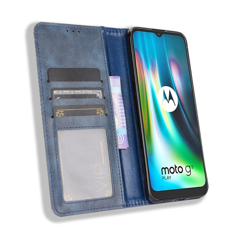 Auto-absorbed Retro PU Leather Shell Wallet Phone Cover for Motorola Moto E7 Plus - Blue