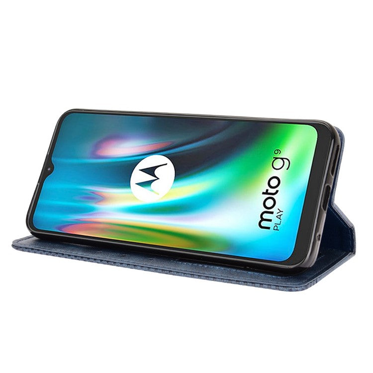 Auto-absorbed Retro PU Leather Shell Wallet Phone Cover for Motorola Moto E7 Plus - Blue