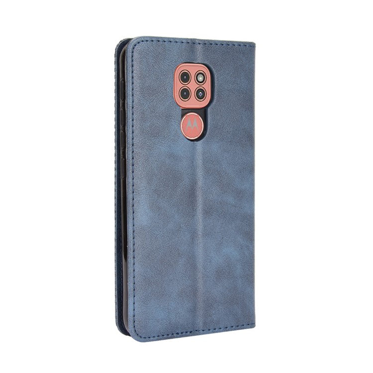 Auto-absorbed Retro PU Leather Shell Wallet Phone Cover for Motorola Moto E7 Plus - Blue