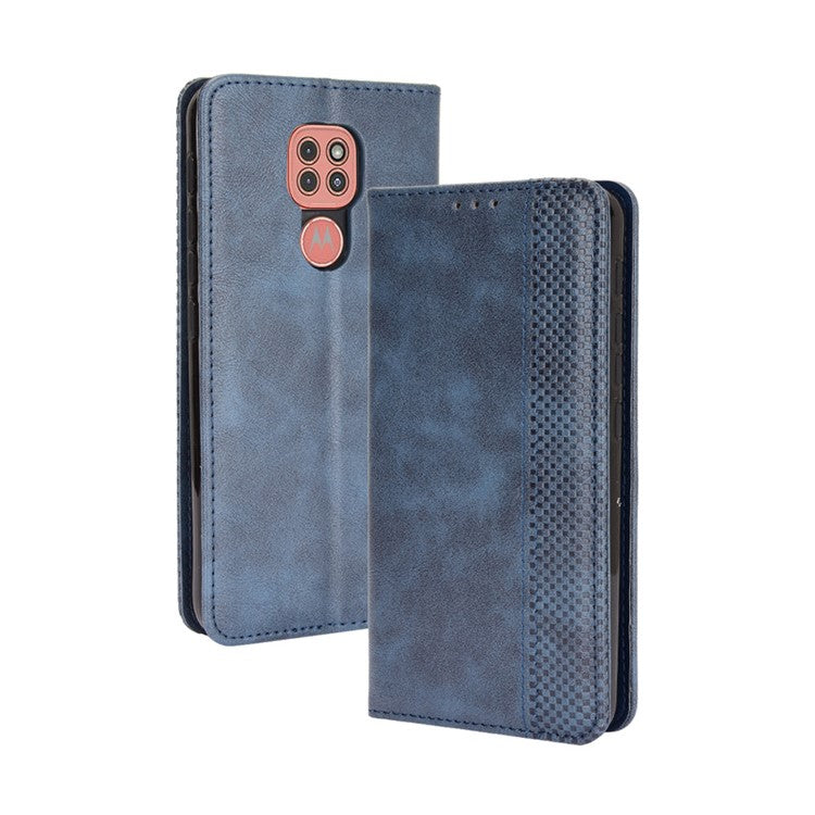 Auto-absorbed Retro PU Leather Shell Wallet Phone Cover for Motorola Moto E7 Plus - Blue