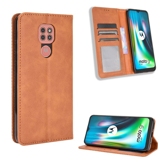 Auto-absorbed Retro PU Leather Shell Wallet Phone Cover for Motorola Moto E7 Plus - Brown