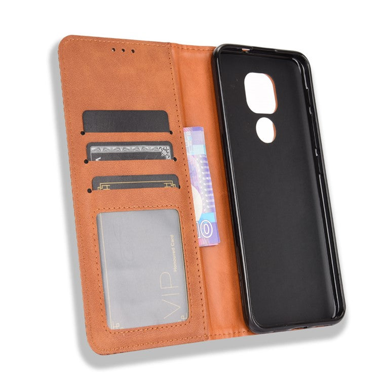Auto-absorbed Retro PU Leather Shell Wallet Phone Cover for Motorola Moto E7 Plus - Brown