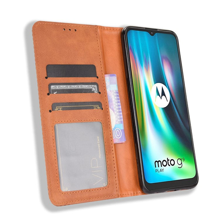 Auto-absorbed Retro PU Leather Shell Wallet Phone Cover for Motorola Moto E7 Plus - Brown