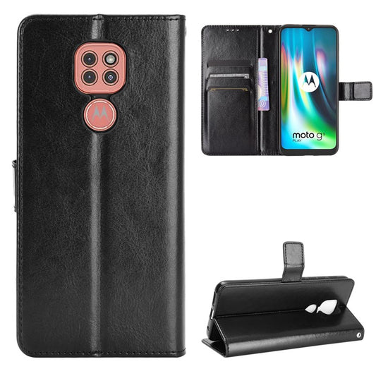 Crazy Horse Leather Shell with Wallet Stand Phone Case for Motorola Moto E7 Plus - Black