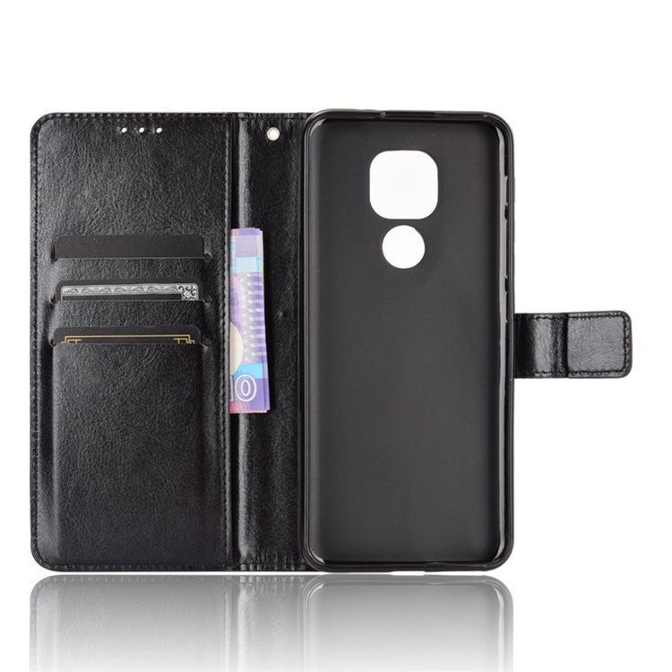 Crazy Horse Leather Shell with Wallet Stand Phone Case for Motorola Moto E7 Plus - Black