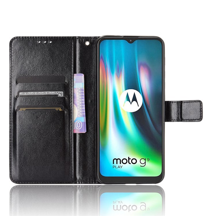Crazy Horse Leather Shell with Wallet Stand Phone Case for Motorola Moto E7 Plus - Black