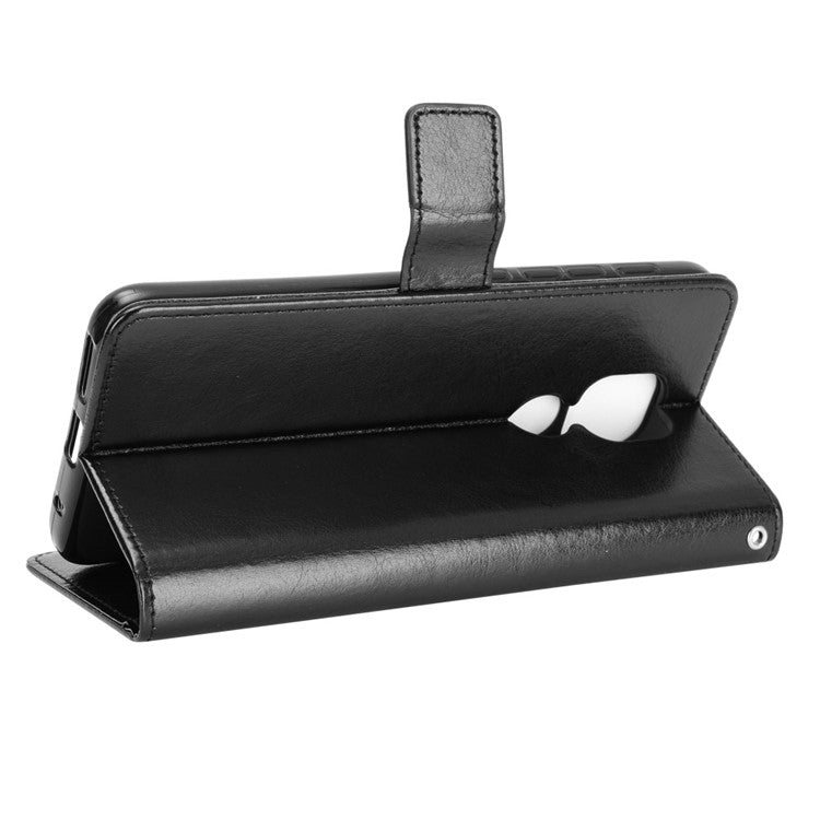 Crazy Horse Leather Shell with Wallet Stand Phone Case for Motorola Moto E7 Plus - Black