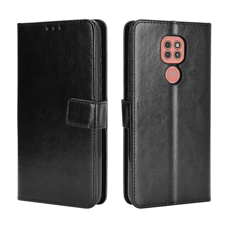 Crazy Horse Leather Shell with Wallet Stand Phone Case for Motorola Moto E7 Plus - Black