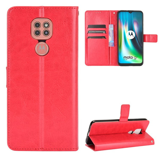 Crazy Horse Leather Shell with Wallet Stand Phone Case for Motorola Moto E7 Plus - Red