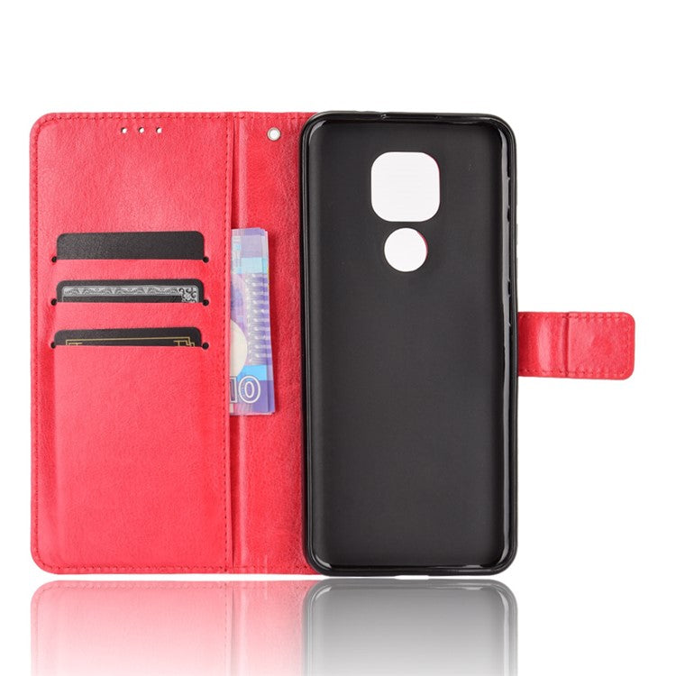 Crazy Horse Leather Shell with Wallet Stand Phone Case for Motorola Moto E7 Plus - Red